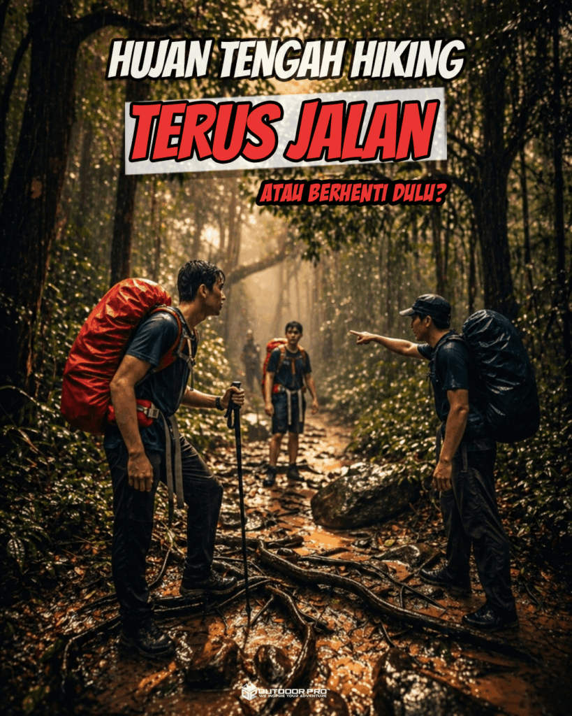 KALAU HUJAN TURUN TIBA-TIBA MASA HIKING… KORANG TERUS JALAN ATAU BERHENTI CARI TEMPAT BERTEDUH?