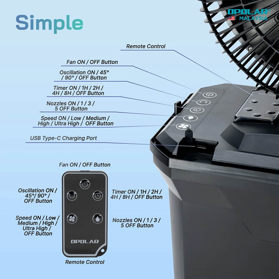 Opolar F6201 11L Water Tank Oscillating & Rechargeable Mist Fan In 10 Inch