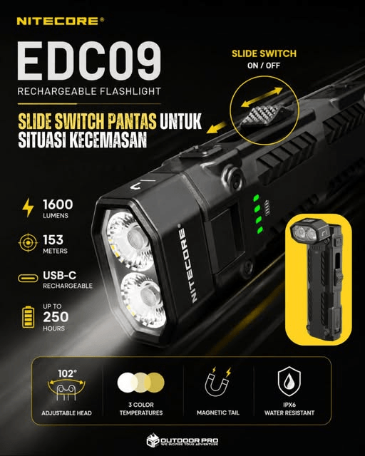 Nitecore EDC09: Waktu Cemas Tak Perlu Tekan Banyak Kali—Slide Je, Terus Terang!